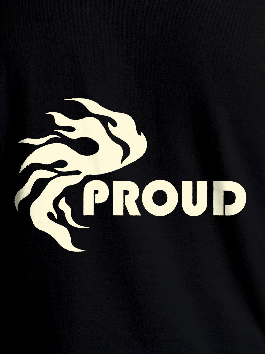 Close up of 'Proud' design on Women's Black Round Neck T-shirt, highlighting intricate details and vibrant print.