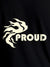 Close up of 'Proud' design on Women's Black Round Neck T-shirt, highlighting intricate details and vibrant print.