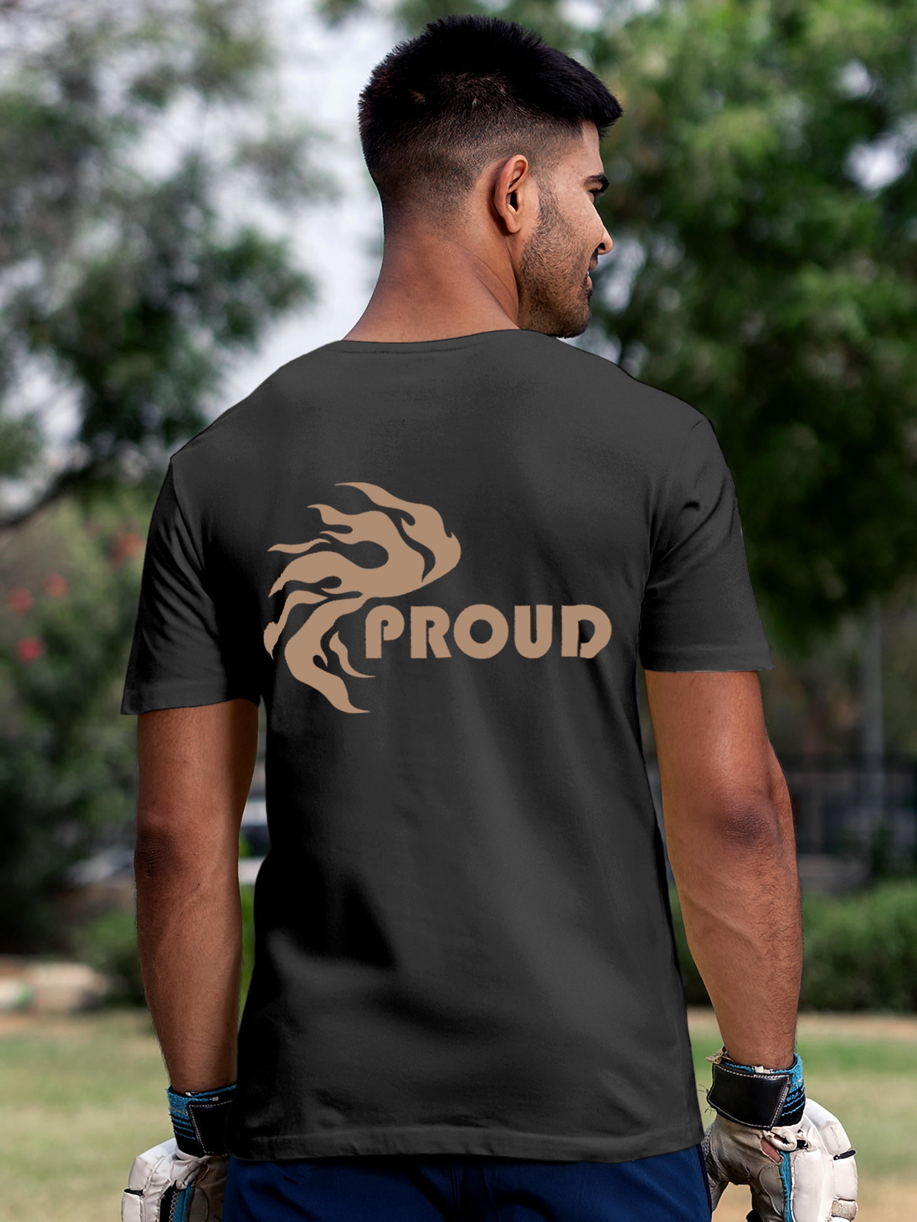 Model wearing Men's Dark Grey Round Neck T-shirt with 'Proud' design, offering effortless style and premium comfort