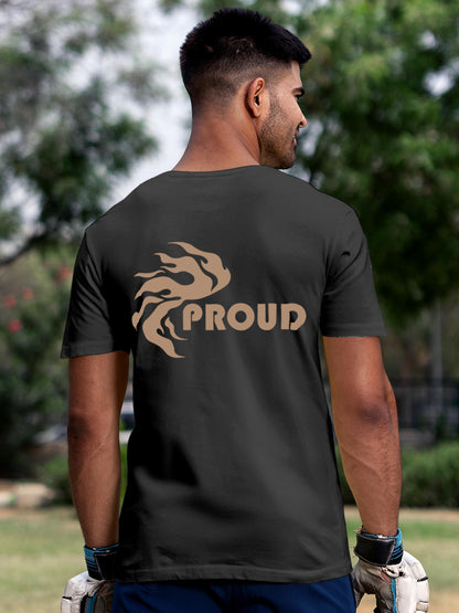 Model wearing Men's Dark Grey Round Neck T-shirt with 'Proud' design, offering effortless style and premium comfort