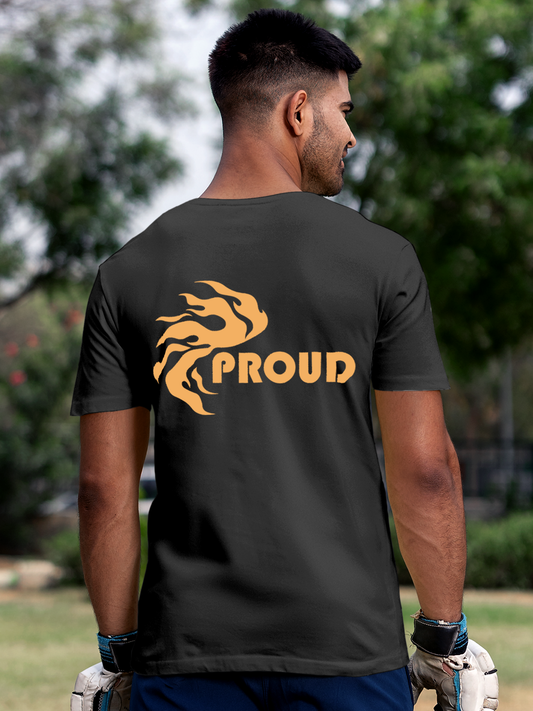 Fighterhero T-shirts: Model wearing Men's Charcoal Grey Round Neck T-shirt with 'Proud' design
