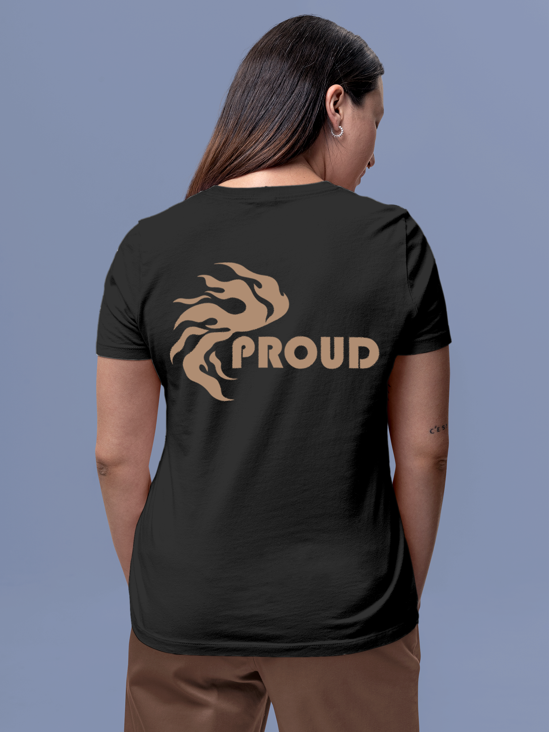Model wearing Women's Charcoal Grey Round Neck T-shirt with 'Proud' design, offering effortless style and premium comfort