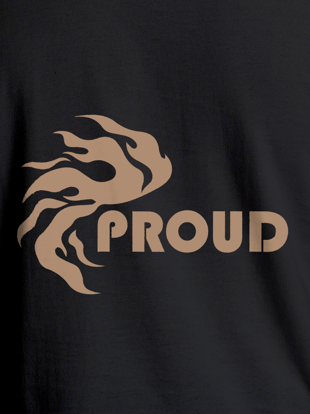 Close up of 'Proud' design on Women's Dark Grey Round Neck T-shirt, highlighting intricate details and vibrant print.