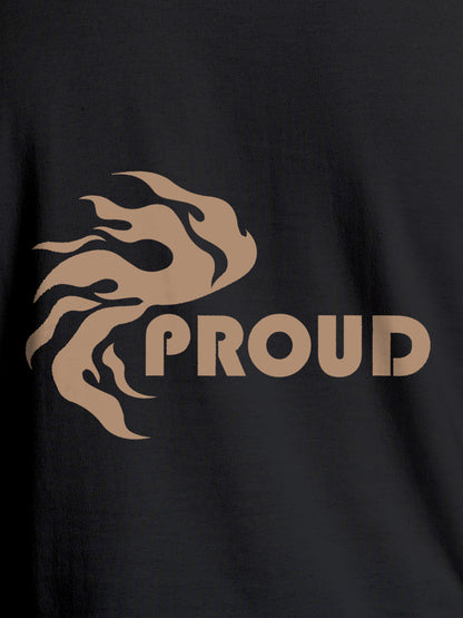 Close up of 'Proud' design on Women's Dark Grey Round Neck T-shirt, highlighting intricate details and vibrant print.