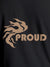 Close up of 'Proud' design on Women's Dark Grey Round Neck T-shirt, highlighting intricate details and vibrant print.