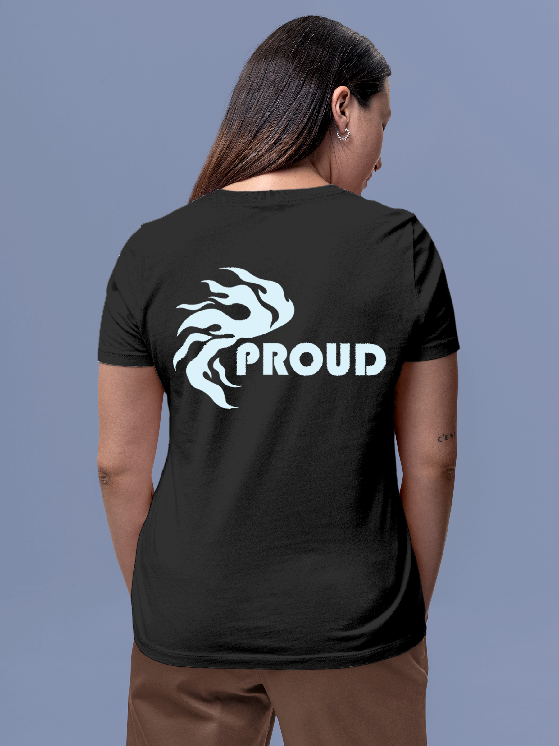 Model wearing Women's Charcoal Grey Round Neck T-shirt with 'Proud' design, offering effortless style and premium comfort