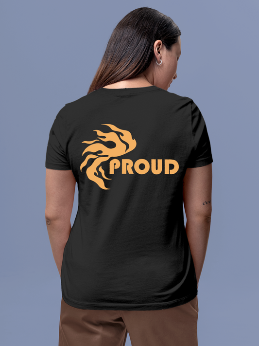 Fighterhero T-shirts: Model wearing Women's Charcoal Grey Round Neck T-shirt with 'Proud' design