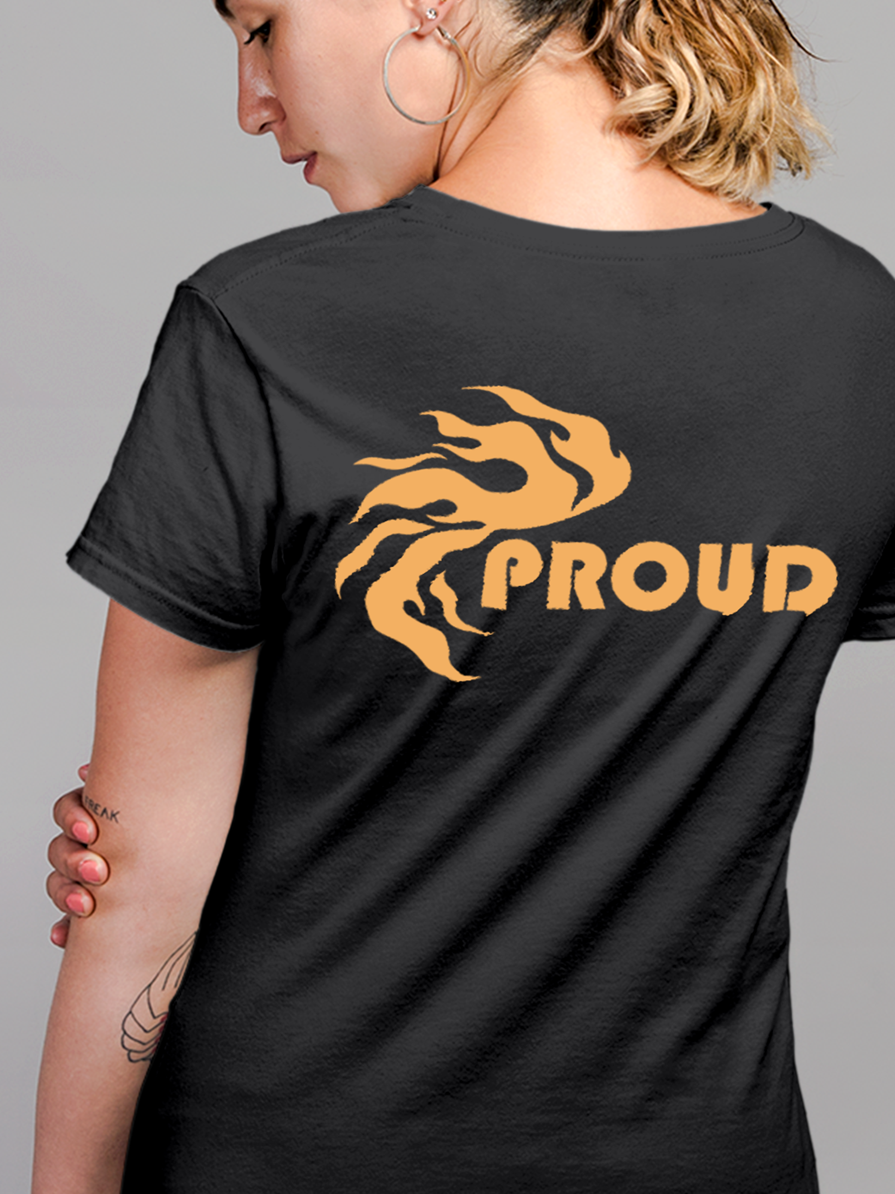 Close up of 'Proud' design on Women's Charcoal Grey Round Neck T-shirt, highlighting intricate details and vibrant print.