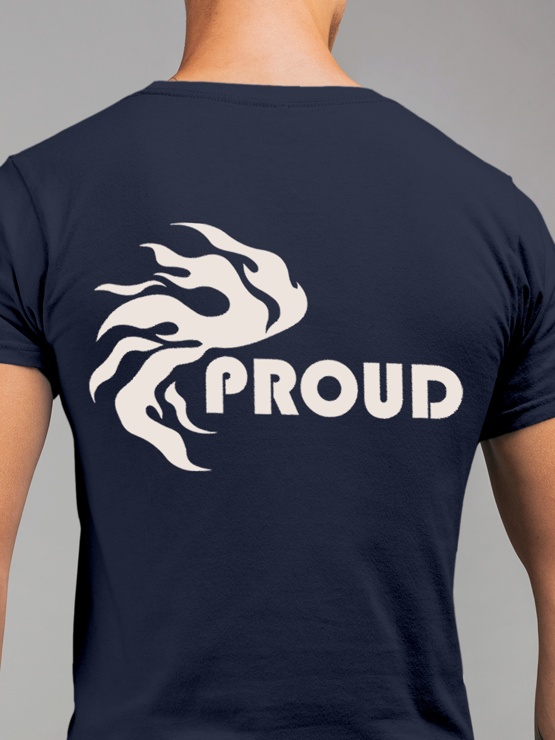 Close up of 'Proud' design on Men's Navy Blue Round Neck T-shirt, highlighting intricate details and vibrant print.