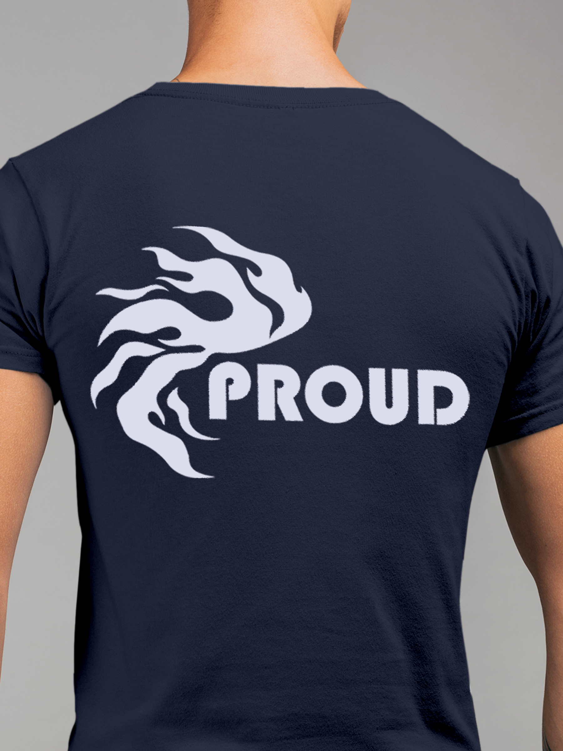 Close up of 'Proud' design on Men's Navy Blue Round Neck T-shirt, highlighting intricate details and vibrant print.