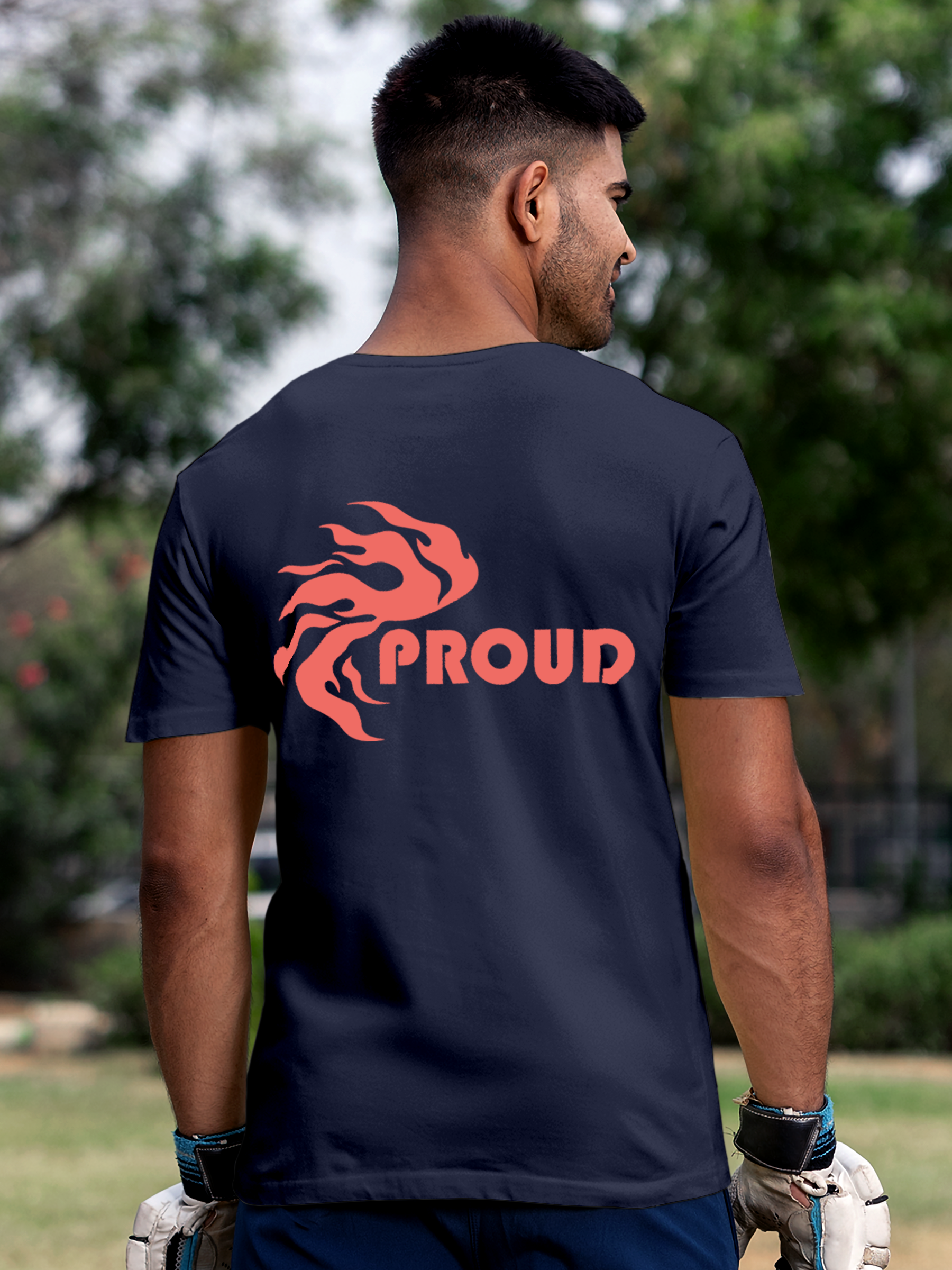 Model wearing Men's Navy Blue Round Neck T-shirt with 'Proud' design, offering effortless style and premium comfort