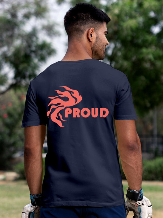 Model wearing Men's Navy Blue Round Neck T-shirt with 'Proud' design, offering effortless style and premium comfort