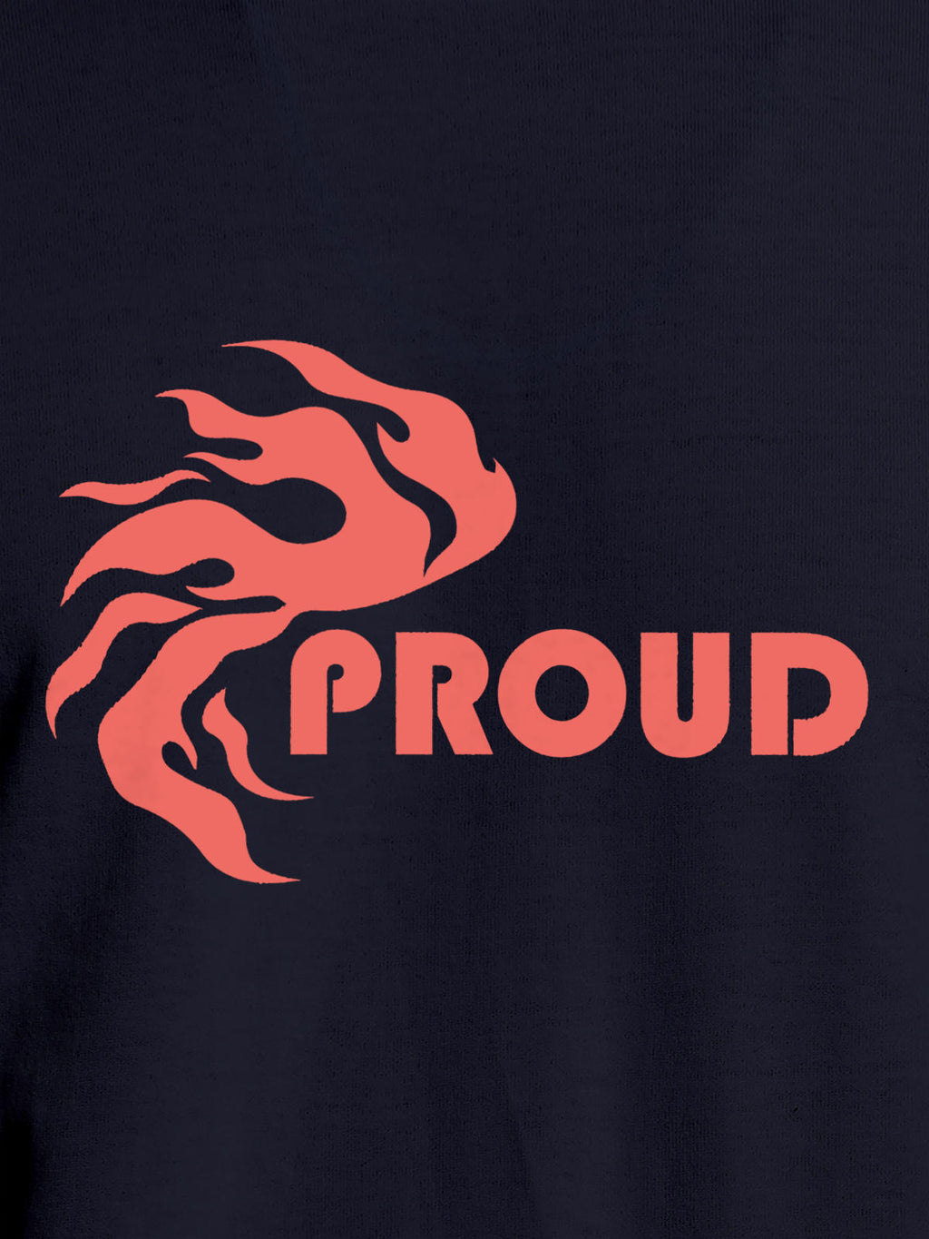 Close up of 'Proud' design on Men's Navy Blue Round Neck T-shirt, highlighting intricate details and vibrant print.