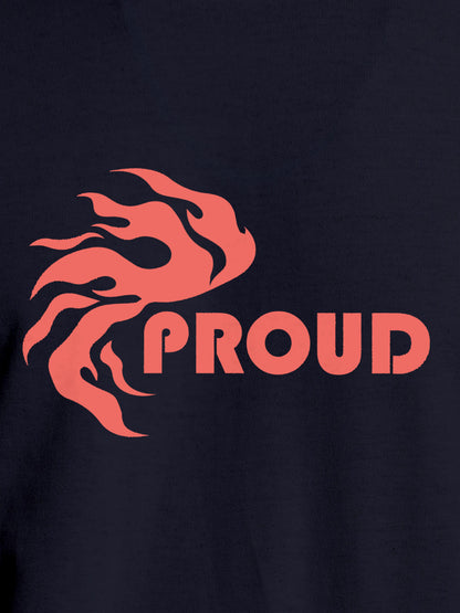 Close up of 'Proud' design on Men's Navy Blue Round Neck T-shirt, highlighting intricate details and vibrant print.