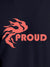 Close up of 'Proud' design on Men's Navy Blue Round Neck T-shirt, highlighting intricate details and vibrant print.