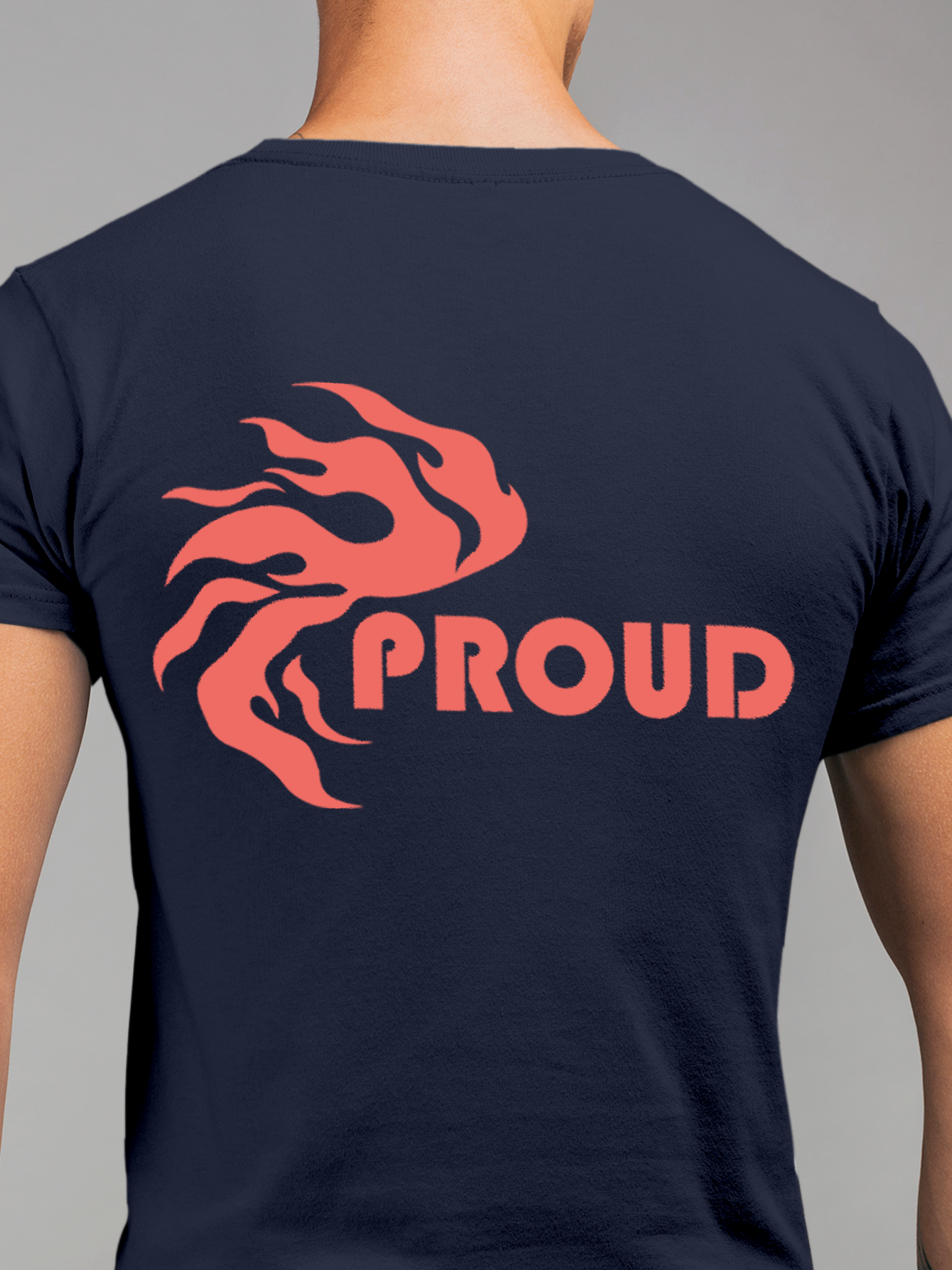 Close up of 'Proud' design on Men's Navy Blue Round Neck T-shirt, highlighting intricate details and vibrant print.