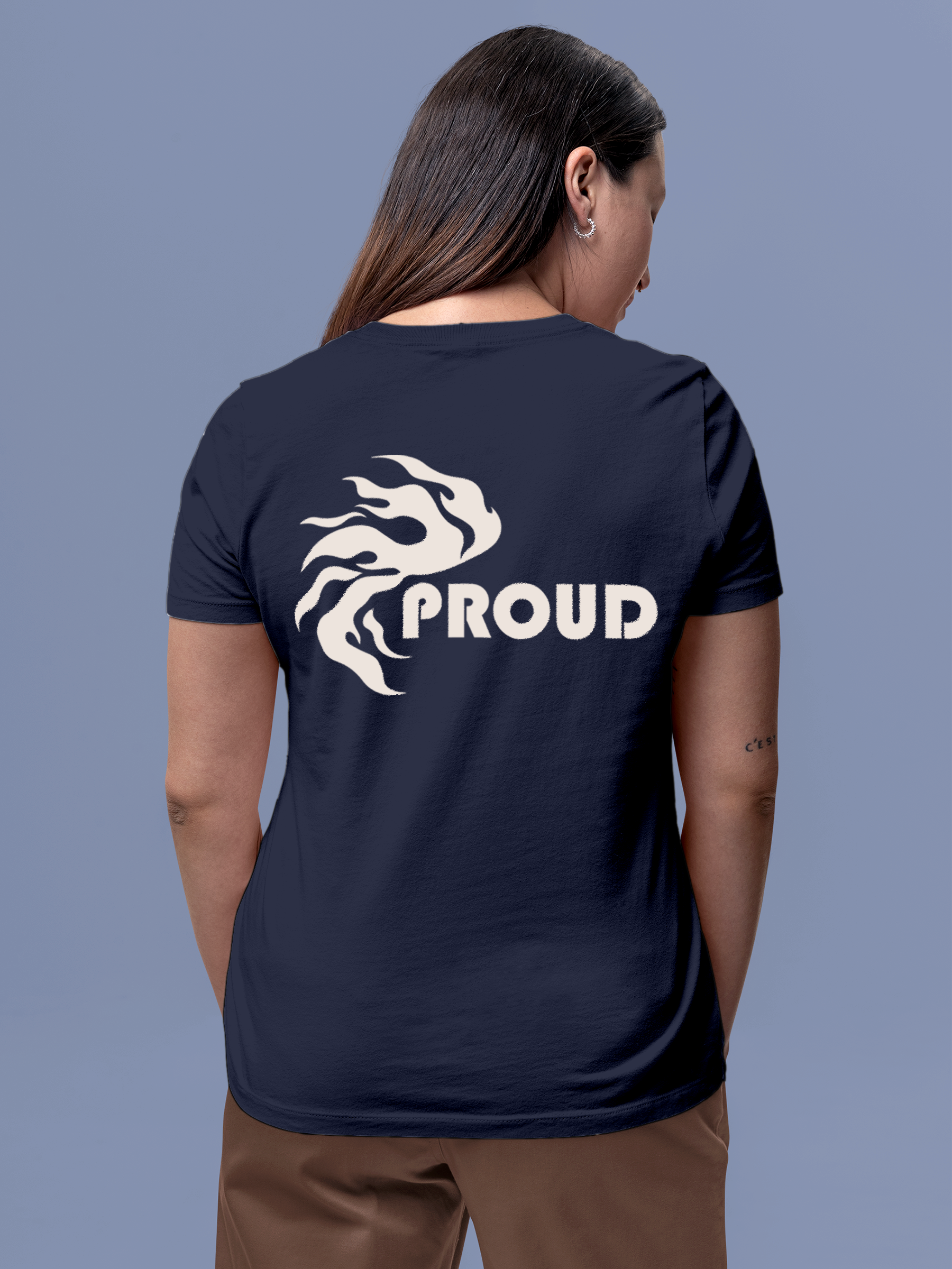 Model wearing Women's Navy Blue Round Neck T-shirt with 'Proud' design, offering effortless style and premium comfort