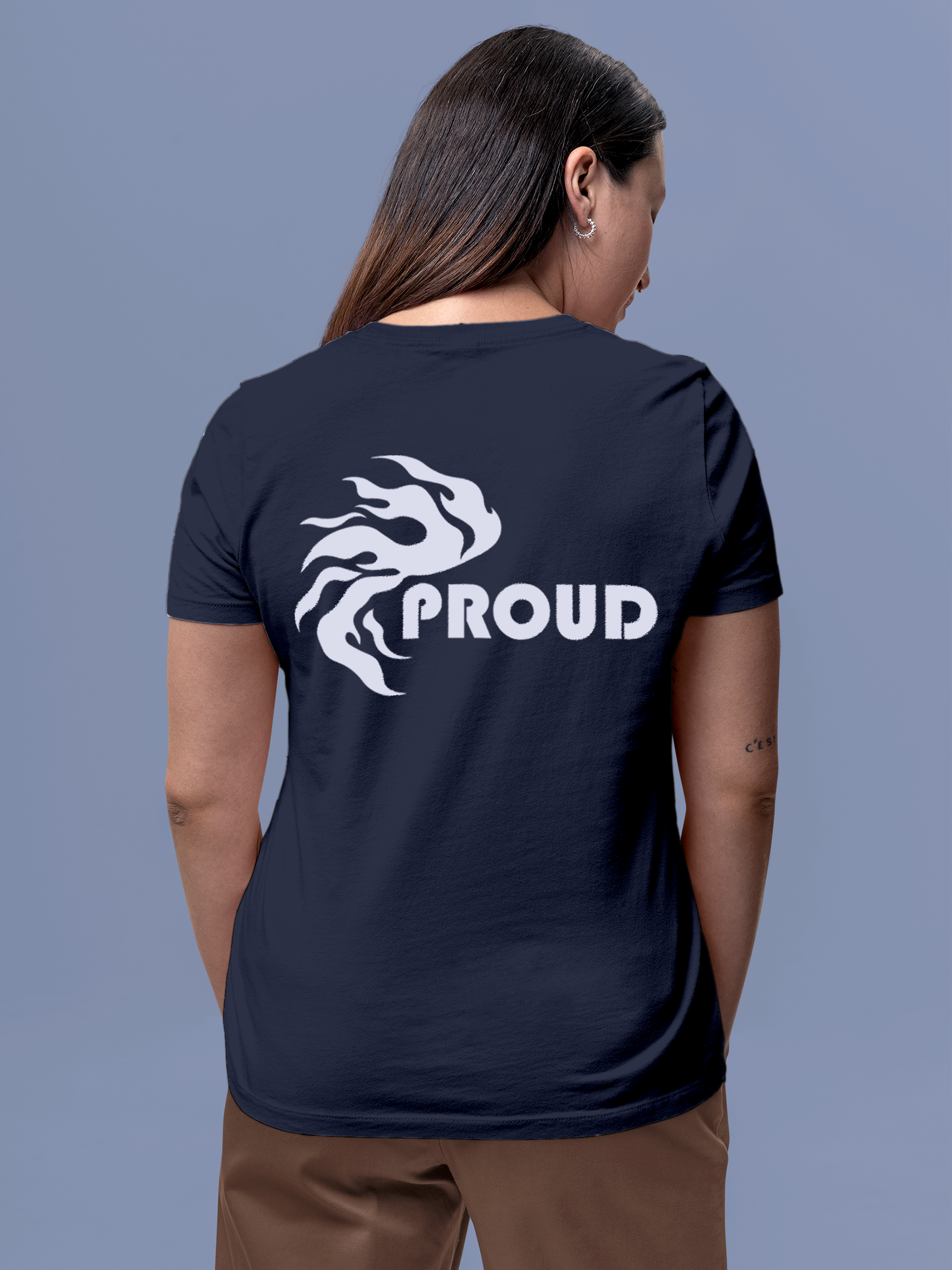 Model wearing Women's Navy Blue Round Neck T-shirt with 'Proud' design, offering effortless style and premium comfort