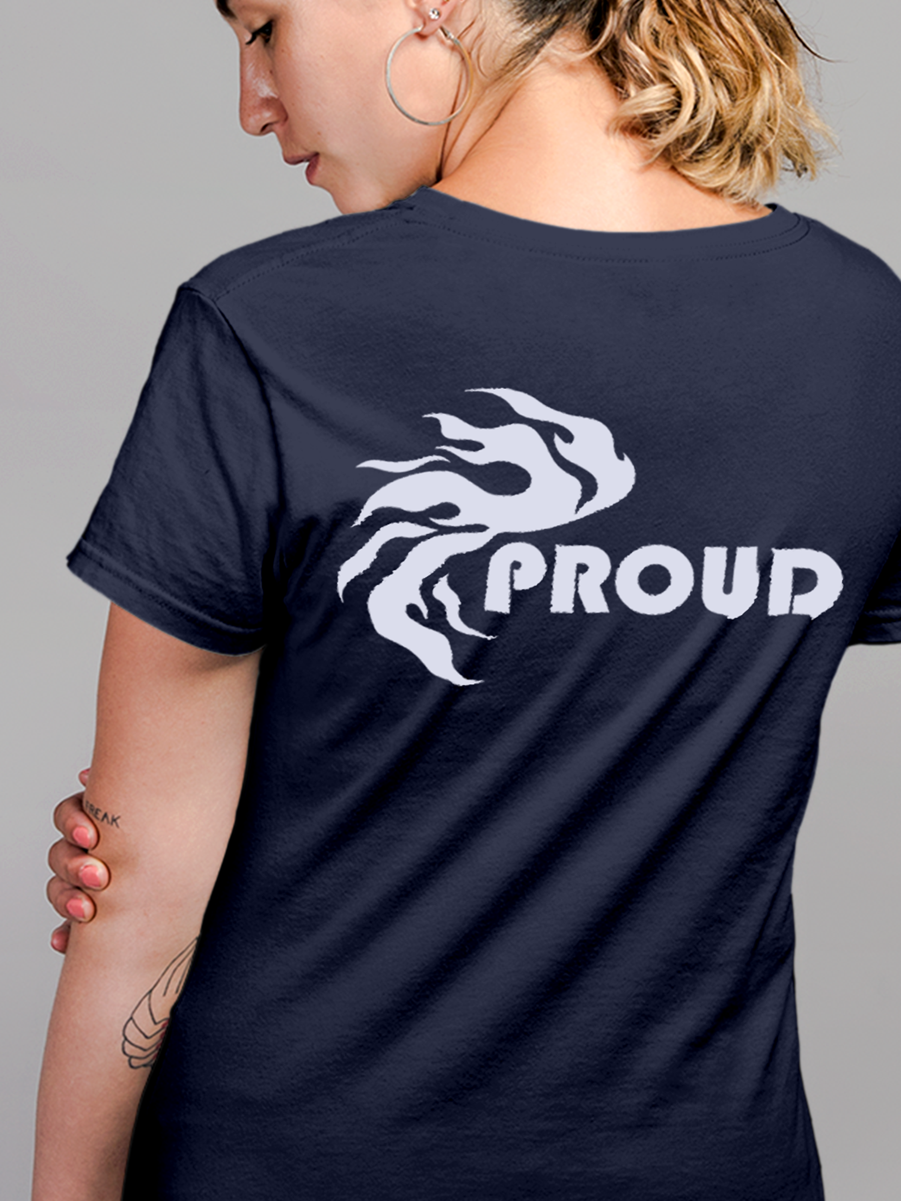 Close up of 'Proud' design on Women's Navy Blue Round Neck T-shirt, highlighting intricate details and vibrant print.