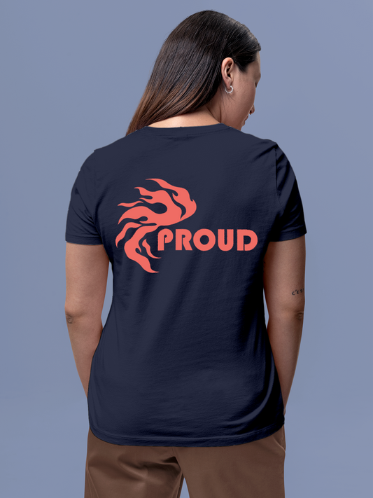Fighterhero T-shirts: Model wearing Women's Navy Blue Round Neck T-shirt with 'Proud' design