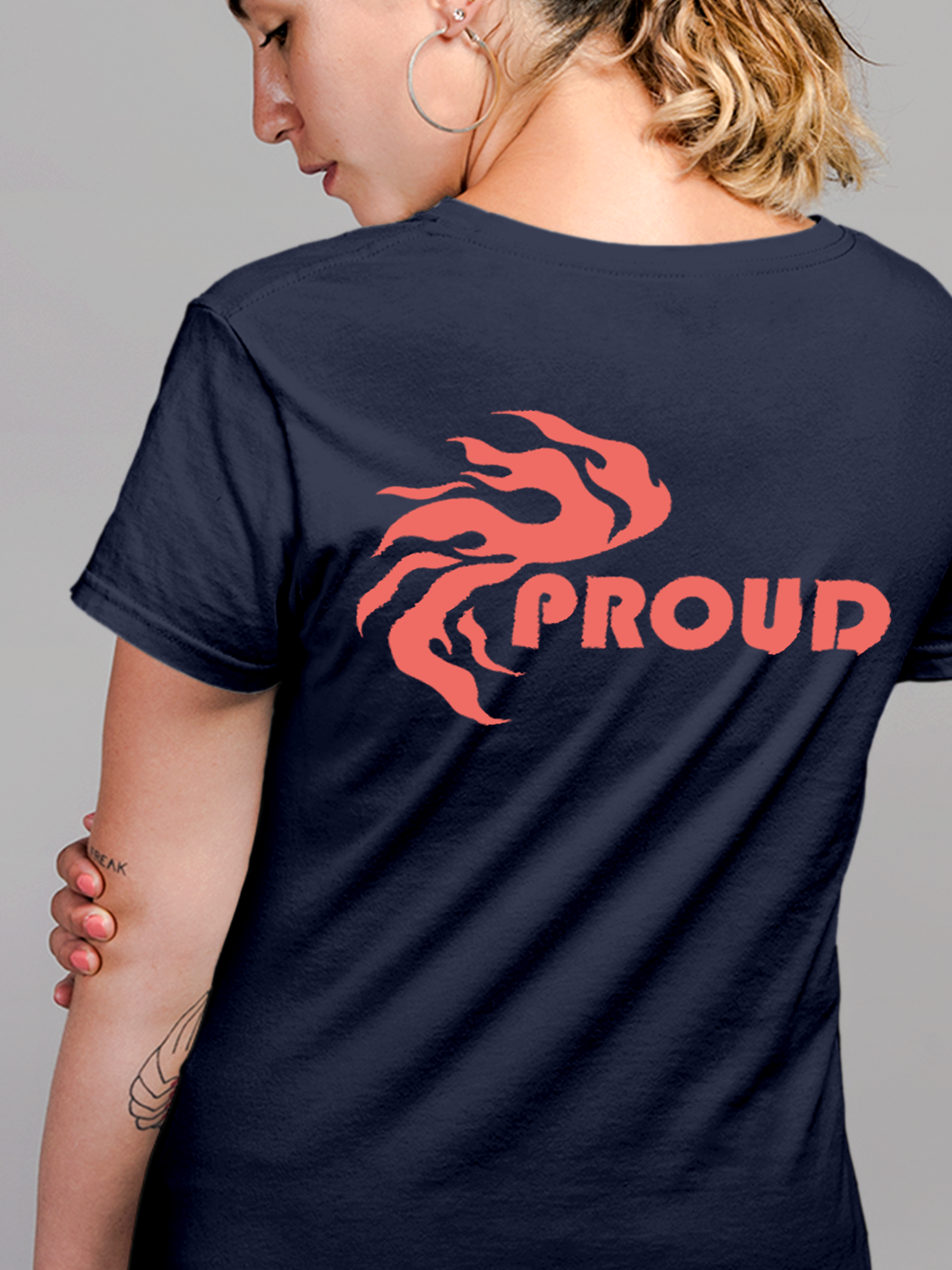 Close up of 'Proud' design on Women's Navy Blue Round Neck T-shirt, highlighting intricate details and vibrant print.