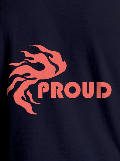 Close up of 'Proud' design on Women's Navy Blue Round Neck T-shirt, highlighting intricate details and vibrant print.