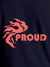 Close up of 'Proud' design on Women's Navy Blue Round Neck T-shirt, highlighting intricate details and vibrant print.