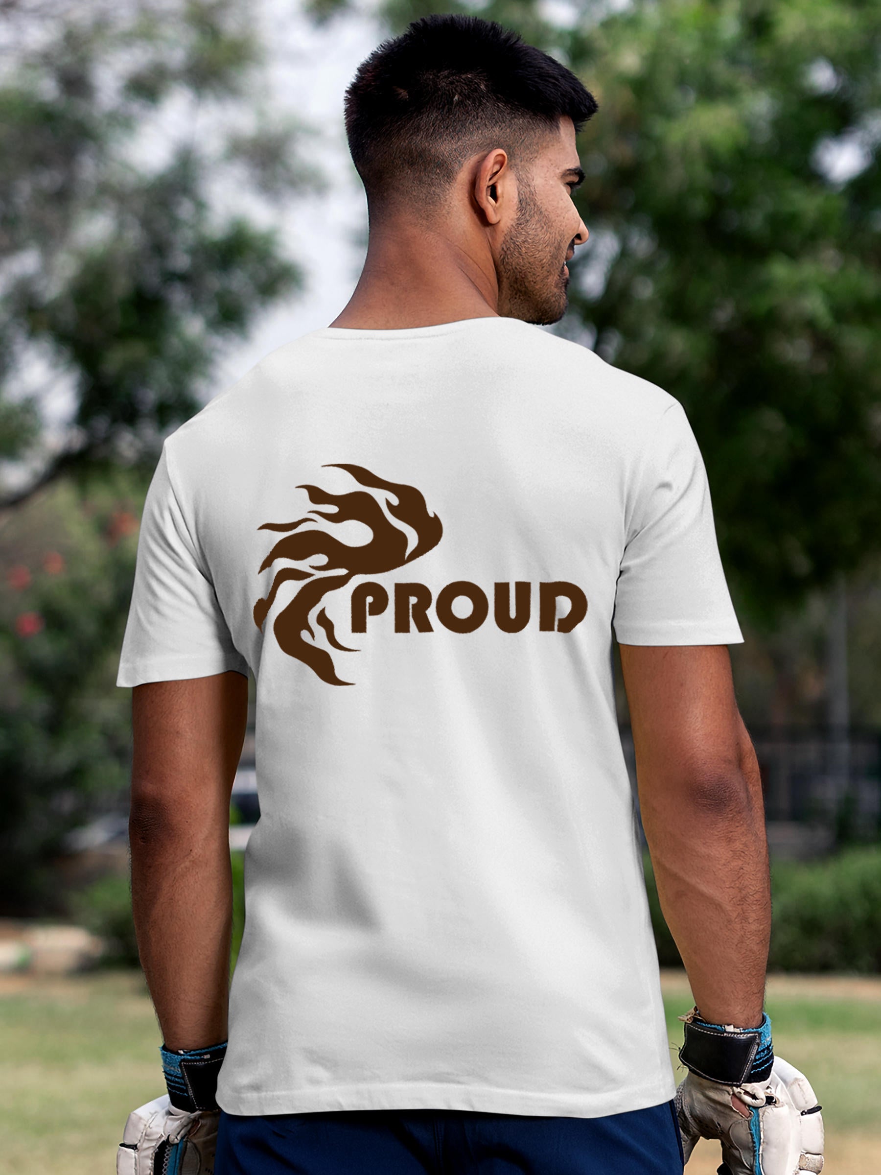 Model wearing Men's White Round Neck T-shirt with 'Proud' design, offering effortless style and premium comfort