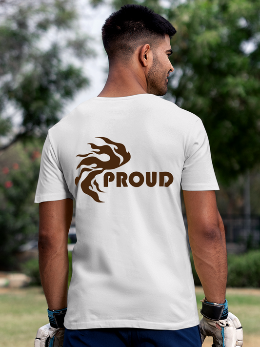 Fighterhero T-shirts: Model wearing Men's White Round Neck T-shirt with 'Proud' design