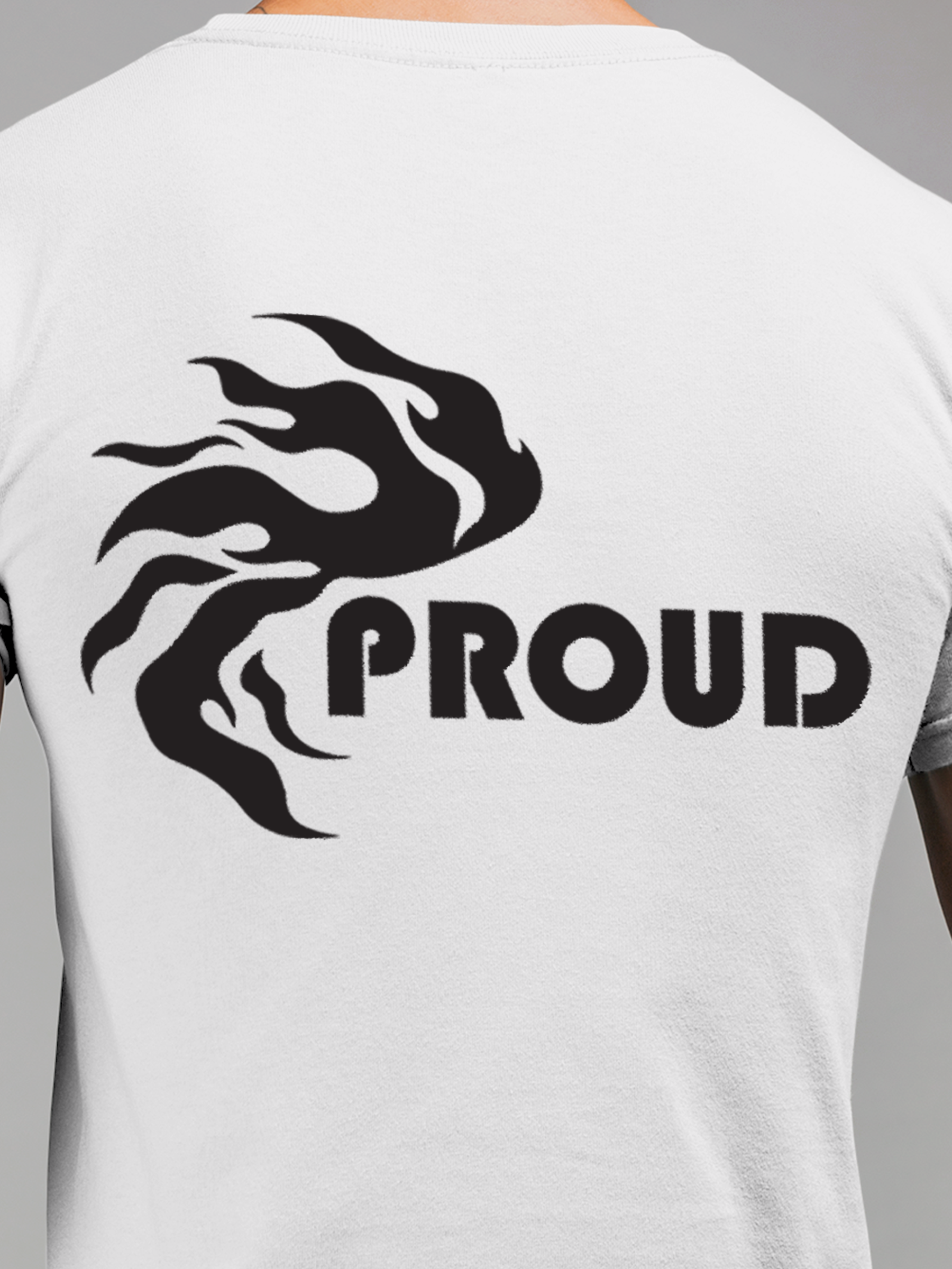 Close up of 'Proud' design on Men's White Round Neck T-shirt, highlighting intricate details and vibrant print.