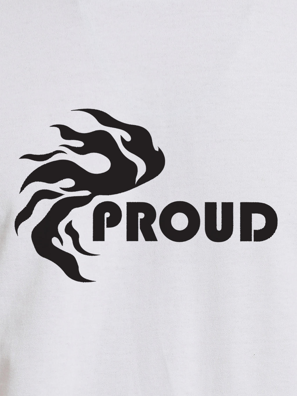 Close up of 'Proud' design on Men's White Round Neck T-shirt, highlighting intricate details and vibrant print.
