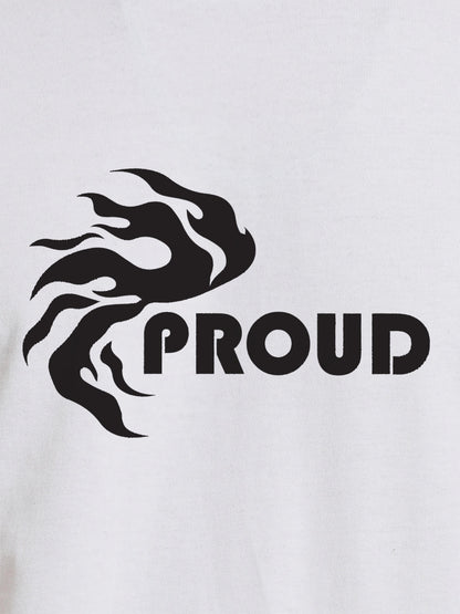 Close up of 'Proud' design on Men's White Round Neck T-shirt, highlighting intricate details and vibrant print.