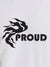 Close up of 'Proud' design on Men's White Round Neck T-shirt, highlighting intricate details and vibrant print.
