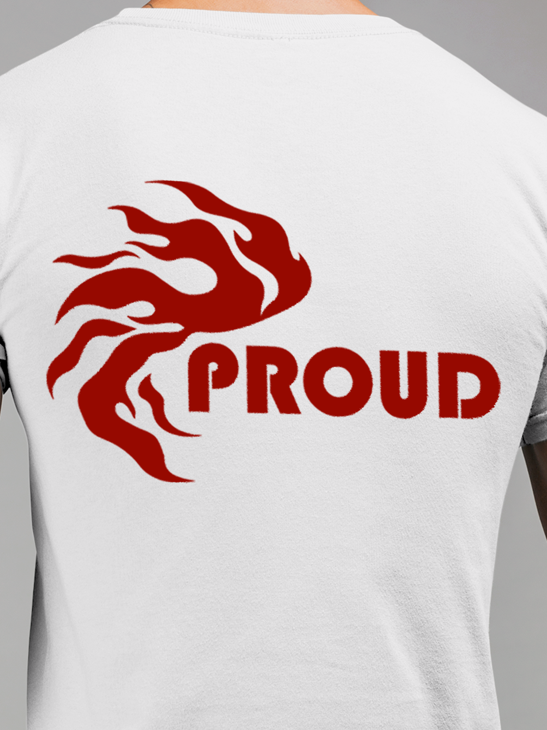 Close up of 'Proud' design on Men's White Round Neck T-shirt, highlighting intricate details and vibrant print.