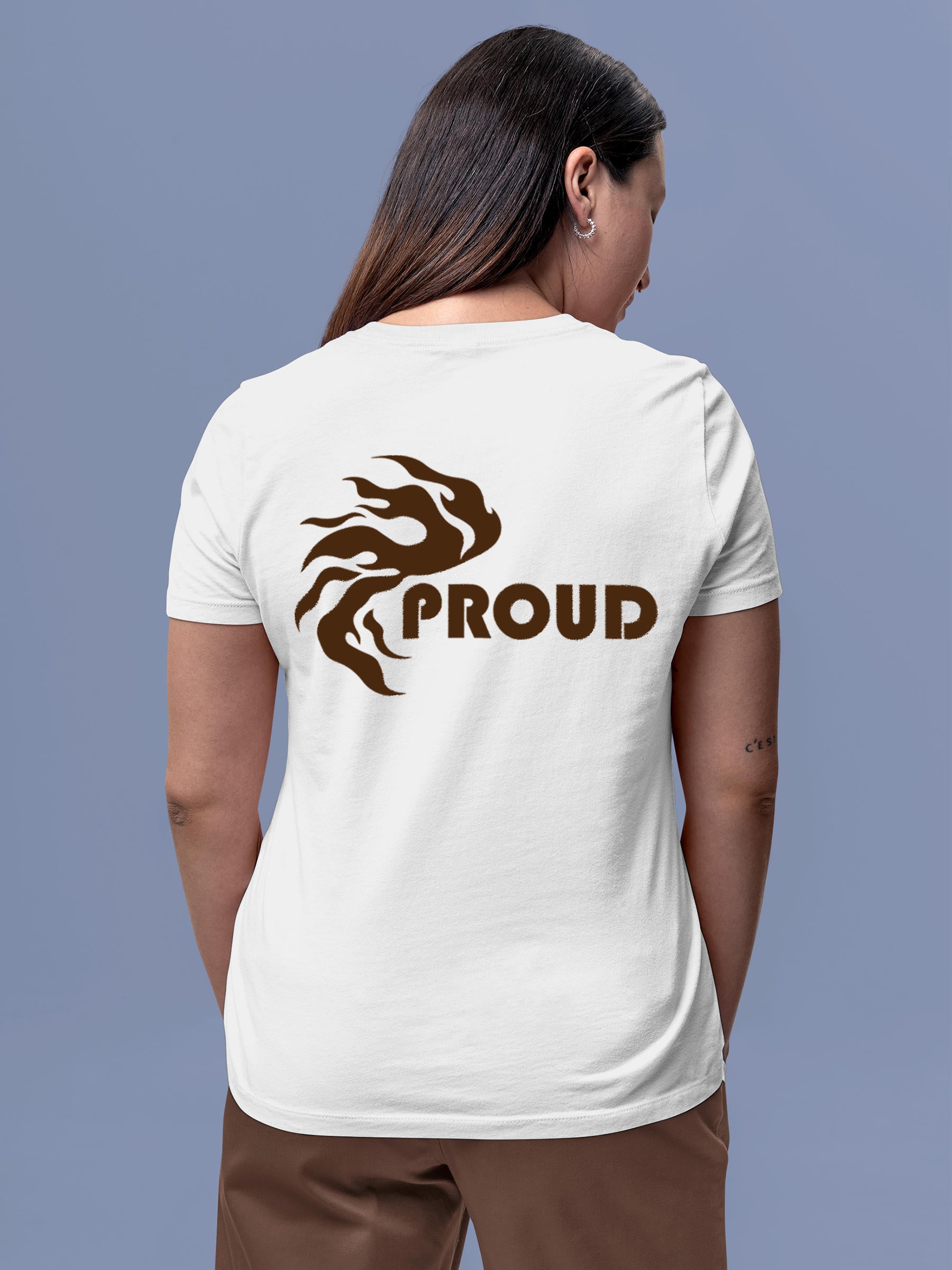 Model wearing Women's White Round Neck T-shirt with 'Proud' design, offering effortless style and premium comfort