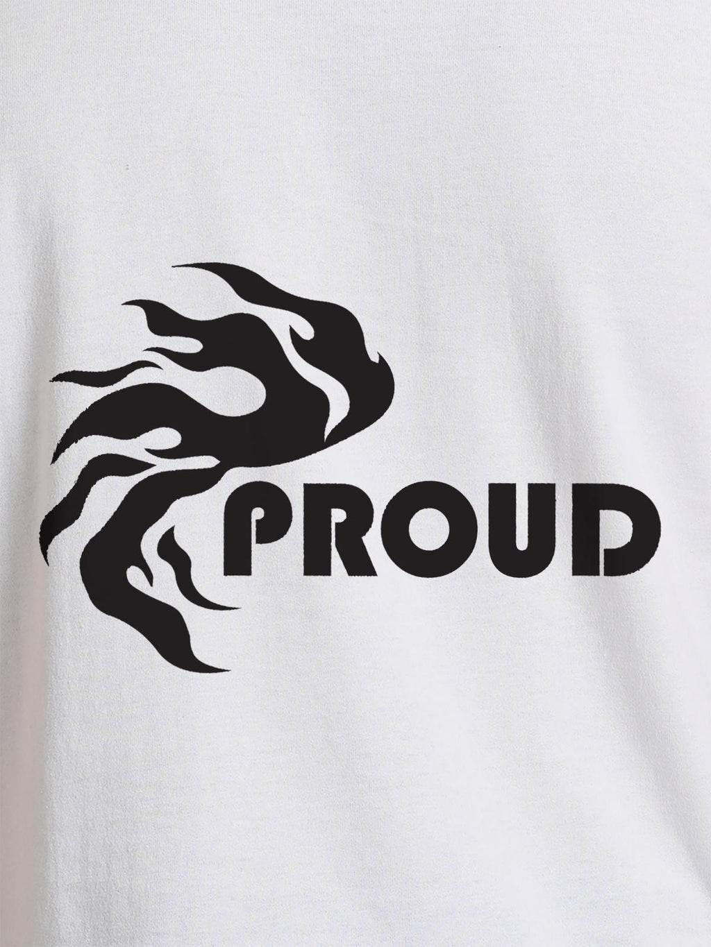 Close up of 'Proud' design on Women's White Round Neck T-shirt, highlighting intricate details and vibrant print.