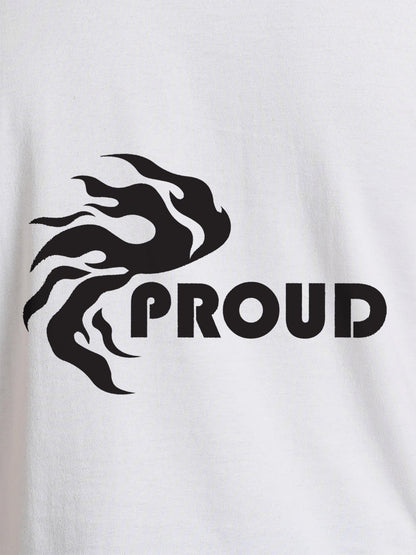 Close up of 'Proud' design on Women's White Round Neck T-shirt, highlighting intricate details and vibrant print.