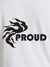 Close up of 'Proud' design on Women's White Round Neck T-shirt, highlighting intricate details and vibrant print.