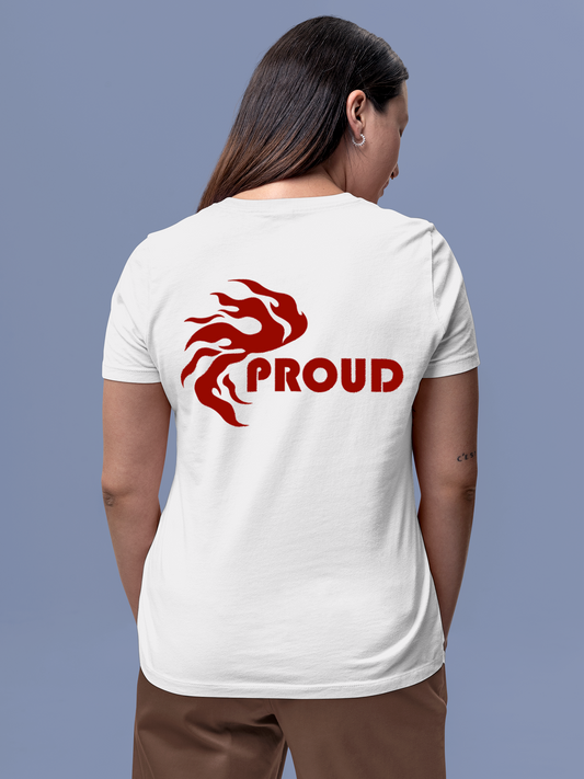 Fighterhero T-shirts: Model wearing Women's White Round Neck T-shirt with 'Proud' design