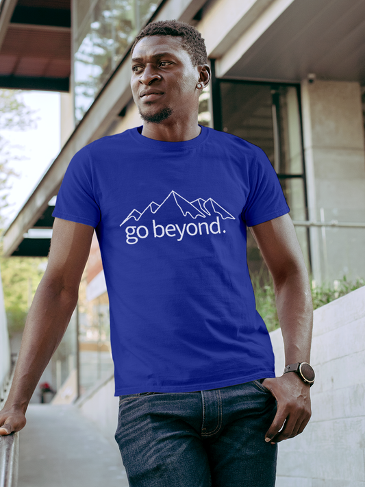 Fighterhero T-shirts: Model wearing Men's Blue Round Neck T-shirt with 'Go Beyond' design