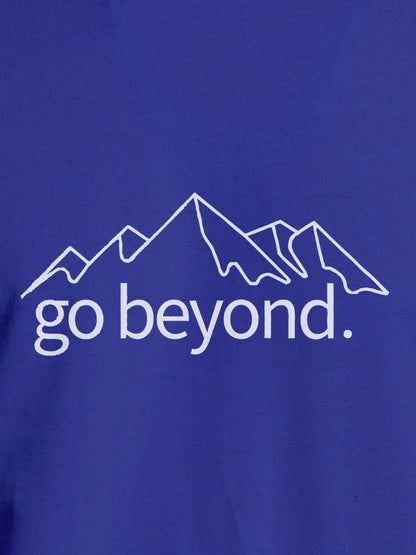 Close up of 'Go Beyond' design on Women's Blue Round Neck T-shirt, highlighting intricate details and vibrant print.