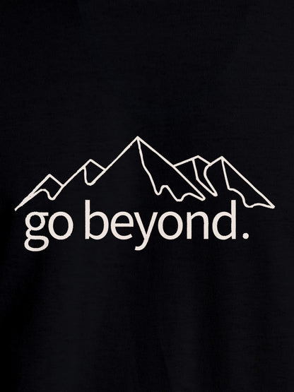 Close up of 'Go Beyond' design on Women's Black Round Neck T-shirt, highlighting intricate details and vibrant print.