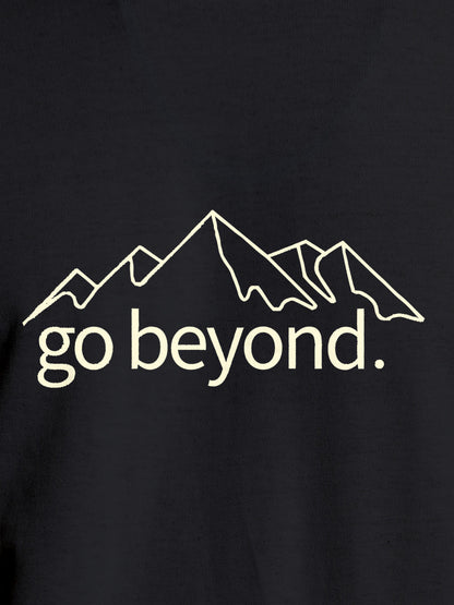 Close up of 'Go Beyond' design on Women's Dark Grey Round Neck T-shirt, highlighting intricate details and vibrant print.