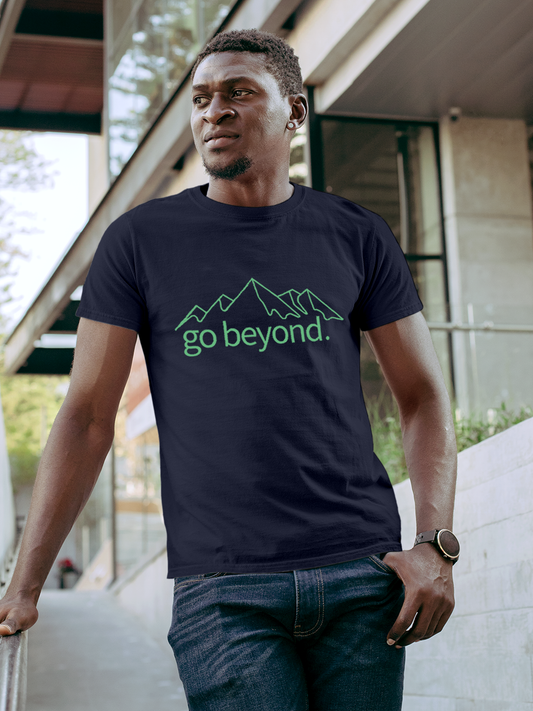 Fighterhero T-shirts: Model wearing Men's Navy Blue Round Neck T-shirt with 'Go Beyond' design