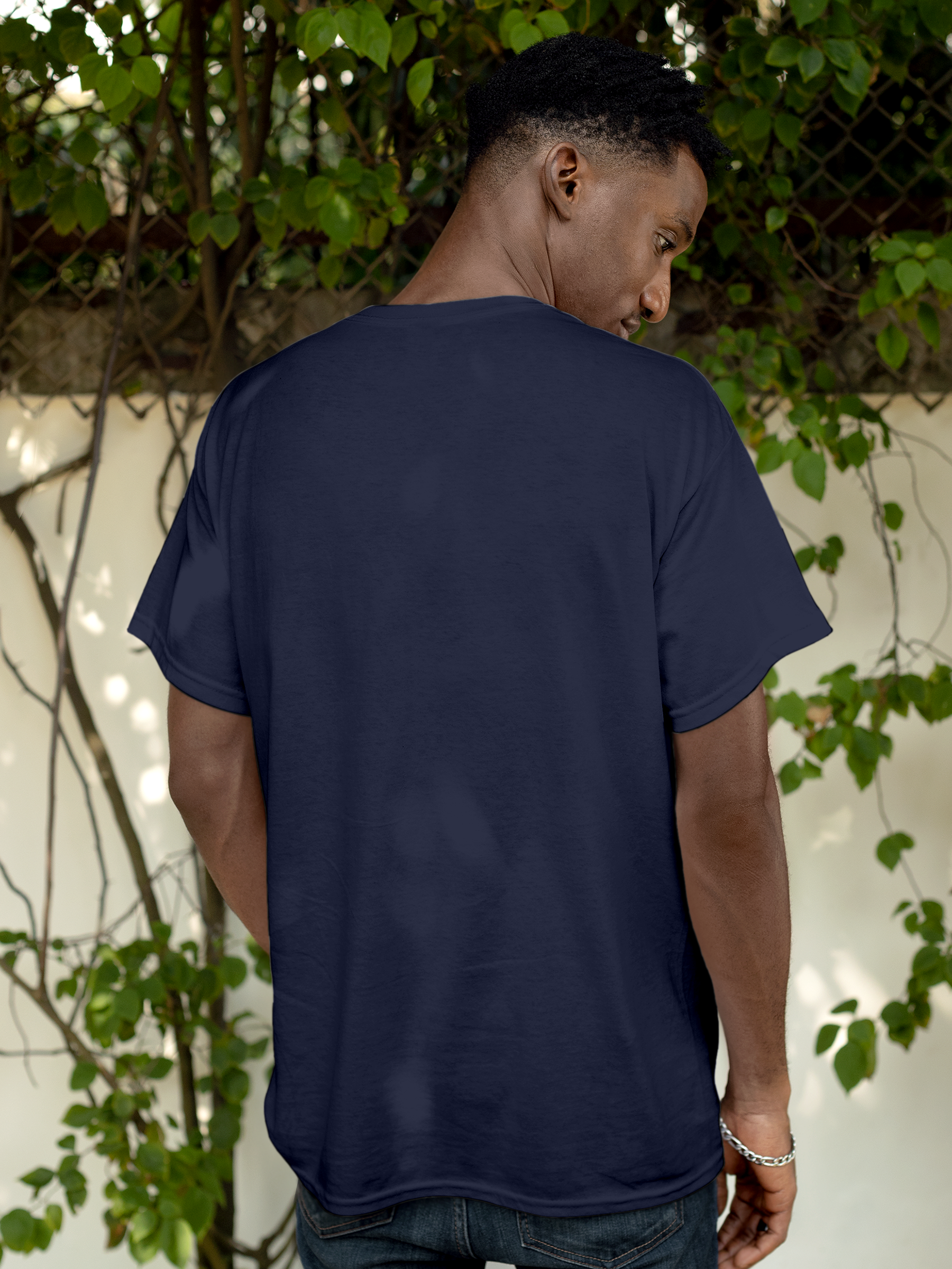 Back view of Fighterhero Men's Navy Blue Round Neck T-shirt, highlighting the modern look and clean finish