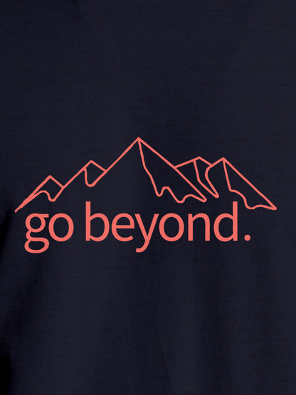 Close up of 'Go Beyond' design on Women's Navy Blue Round Neck T-shirt, highlighting intricate details and vibrant print.
