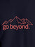 Close up of 'Go Beyond' design on Women's Navy Blue Round Neck T-shirt, highlighting intricate details and vibrant print.