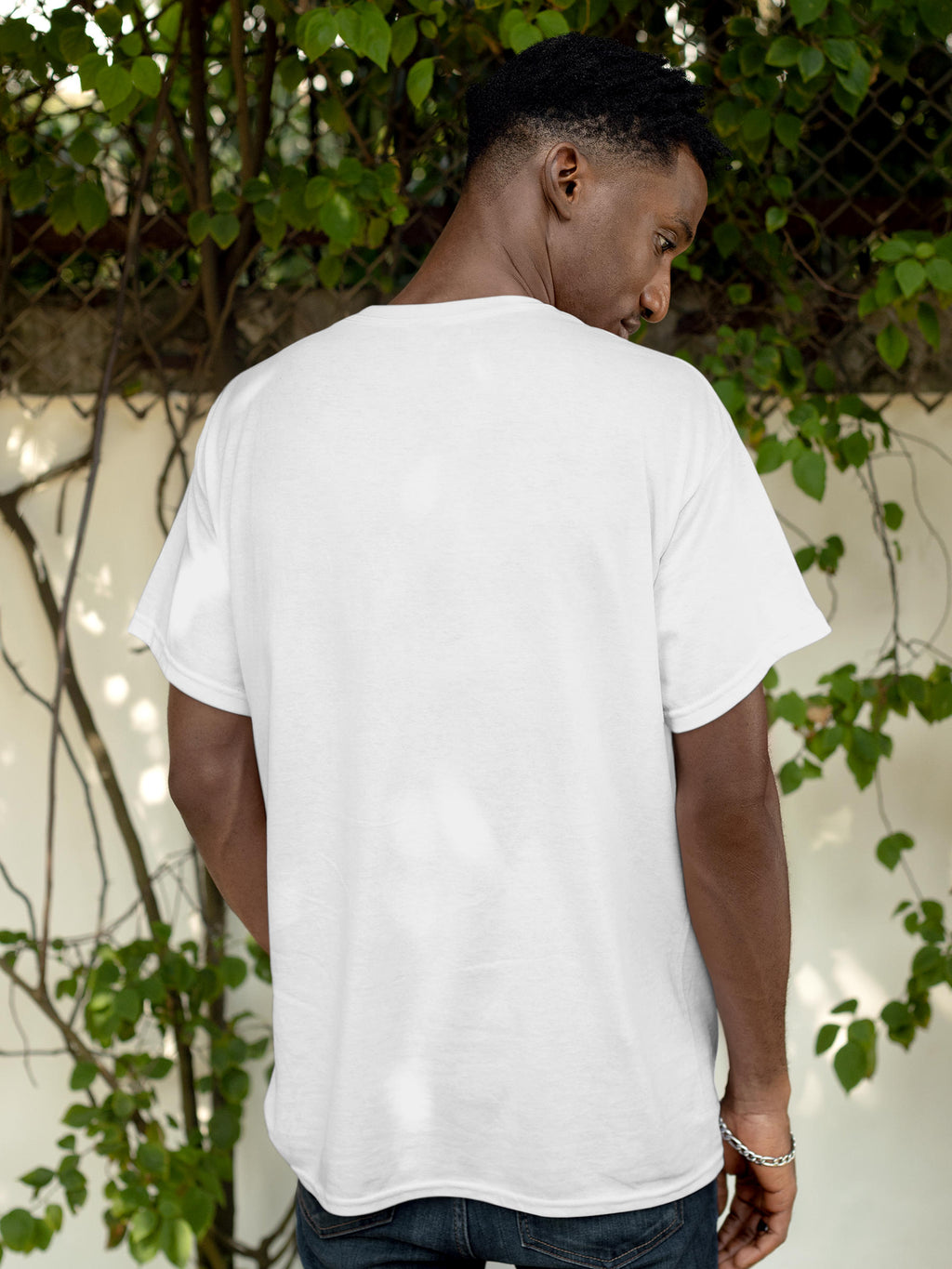 Back view of Fighterhero Men's White Round Neck T-shirt, highlighting the modern look and clean finish
