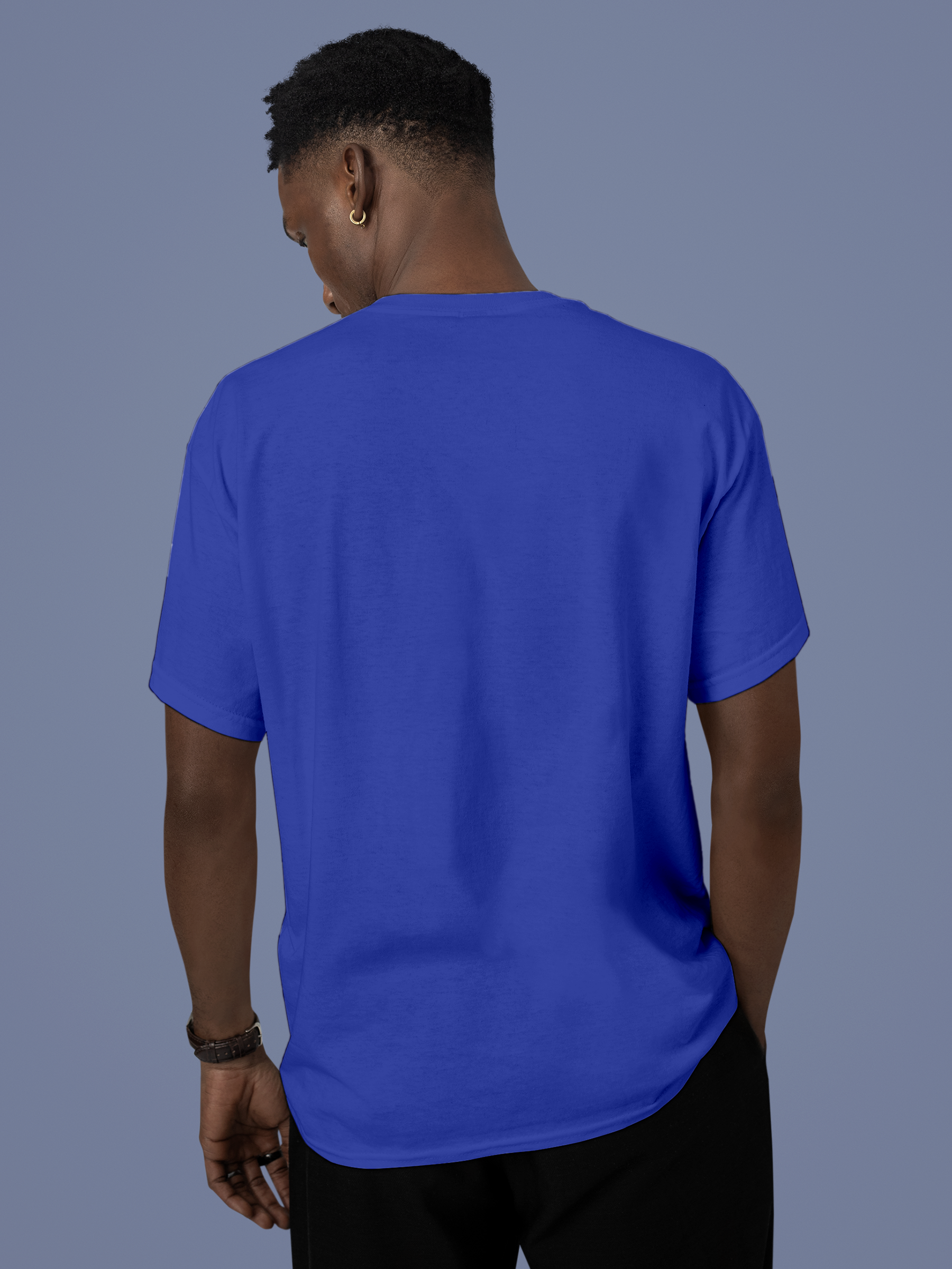 Back view of Fighterhero Men's Blue Round Neck T-shirt, highlighting the modern look and clean finish
