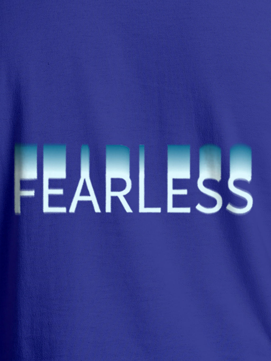 Close up of 'Fearless' design on Women's Blue Round Neck T-shirt, highlighting intricate details and vibrant print.